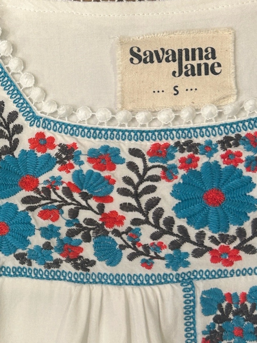 Savanna Jane Floral Embroidered Short Sleeve Square Neck Top White Size Small - Picture 6 of 13